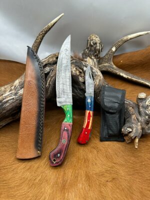 Magnifique Couteau de chasse lame en acier damas 256 couches avec Petit Couteau de poche Offert ref D340