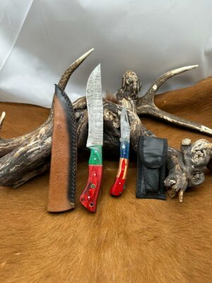 Magnifique Couteau de chasse lame en acier damas 256 couches avec Petit Couteau de poche Offert ref D344