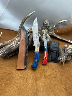 Magnifique Couteau de chasse lame en acier damas 256 couches avec Petit Couteau de poche Offert ref D341