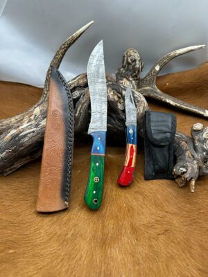 Magnifique Couteau de chasse lame en acier damas 256 couches avec Petit Couteau de poche Offert ref D342