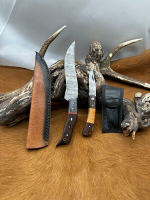 Magnifique Couteau de chasse lame en acier damas 256 couches avec Petit Couteau de poche Offert ref D308