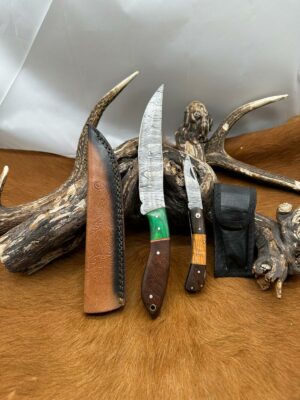 Magnifique Couteau de chasse lame en acier damas 256 couches avec Petit Couteau de poche Offert ref D309