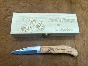 IDKDO, Coffret couteau de poche Pradel gravure "Thème Pétanque" avec boîte Cadeau en bois personnalisé ref T909