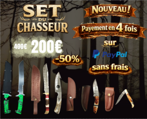 Set du chasseur: Couteaux Bowie de chasse damassée, Couteau Skinner a dépecer damassée, Couteau de poche damassé, Petit couteau lame fixe damassé REF SCH001