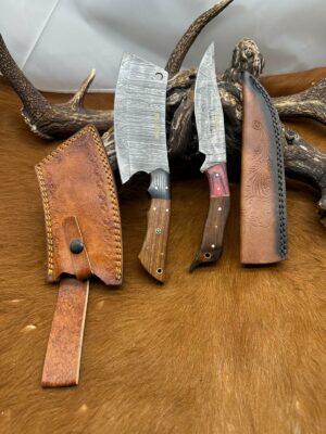 Set médiéval: Couperet + Couteau lames en acier Damas 256 couches CPR2