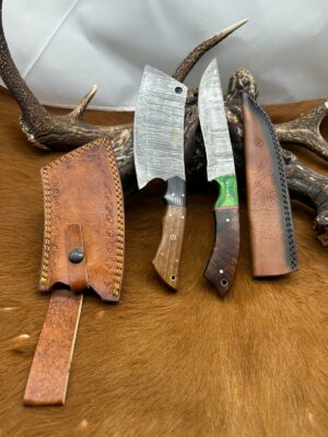 Set médiéval: Couperet + Couteau lames en acier Damas 256 couches CPR3