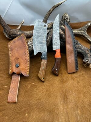 Set médiéval: Couperet + Couteau lames en acier Damas 256 couches CPR4