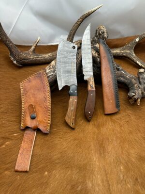 Set médiéval: Couperet + Couteau lames en acier Damas 256 couches CPR6