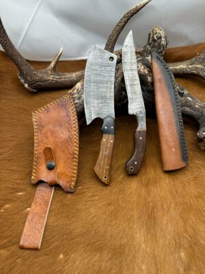 Set médiéval: Couperet + Couteau lames en acier Damas 256 couches CPR11