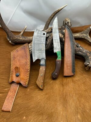 Set médiéval: Couperet + Couteau lames en acier Damas 256 couches CPR12