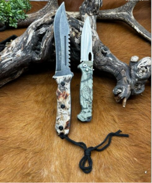 Magnifique Set de Chasseur : Couteau de chasse camouflage + Couteau a dépecé Pradel