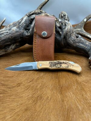 Couteau de poche manche en bois d'olivier avec gravure "Lynx" 21cm