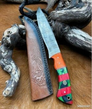 Couteau Damas 256 couches manche en bois coloré ref D56