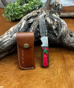 couteau pliant lame damas 256 couches avec un manche en bois pièce unique ref v16