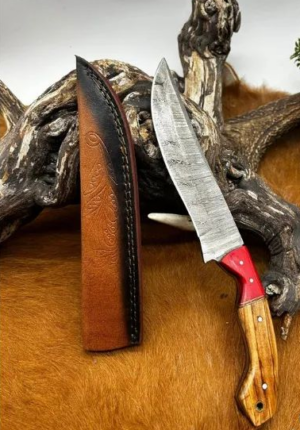 Couteau chasse lame damas 256 couches Manche en bois d'olivier ref D89