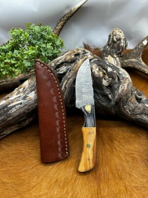 Magnifique petit Couteau smoky Mountain Blades lame en acier Damas et manche en bois d'olivier vendu dans sa boîte ref SMB132