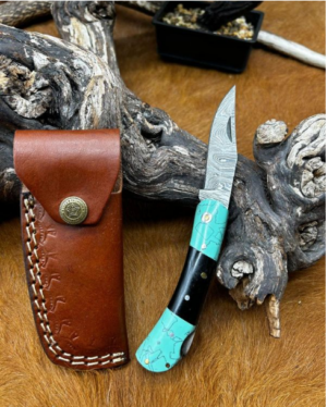 Couteau lame en acier Damas 256couches pliable avec etui_ ref cp28