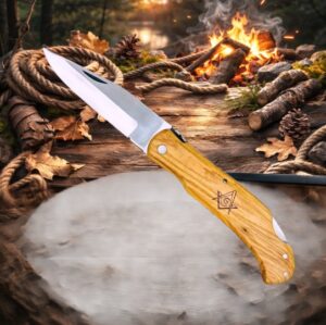 Couteau de poche Pliant manche en Bois d'Olivier Gravé Franc Maçon (Gravure Prénom Offerte) ref CFM01