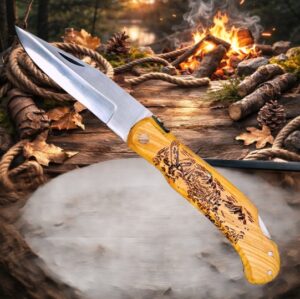 Couteau de poche Pliant manche en Bois d'Olivier Gravé Aigle (Gravure Prénom Offerte) ref CA20