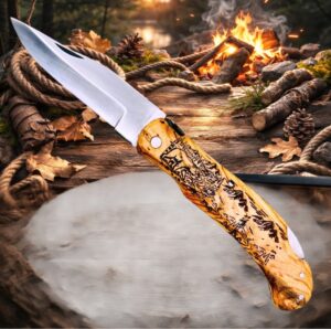 Couteau de poche Pliant manche en Bois d'Olivier Gravé Ours (Gravure Prénom Offerte) ref CO600