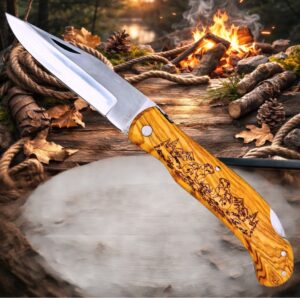 Couteau de poche Pliant manche en Bois d'Olivier Gravé Marmotte (Gravure Prénom Offerte) ref CM50