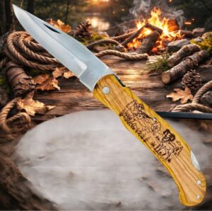 Couteau de poche Pliant manche en Bois d'Olivier Gravé Mouflon (Gravure Prénom Offerte) ref CM52