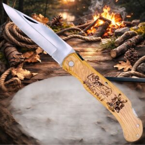Couteau de poche Pliant manche en Bois d'Olivier Gravé Grand Gibier (Gravure Prénom Offerte) ref CGG10