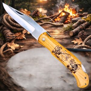 Couteau de poche Pliant manche en Bois d'Olivier Gravé Carpe(Gravure Prénom Offerte) ref CC70