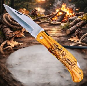 Couteau de poche Pliant manche en Bois d'Olivier Gravé Sanglier (Gravure Prénom Offerte) ref CS10