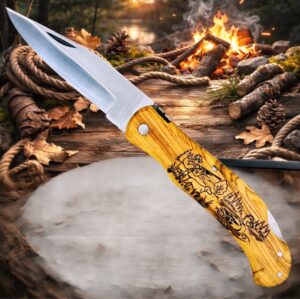 Couteau de poche Pliant manche en Bois d'Olivier Gravé Canard (Gravure Prénom Offerte) ref CC80