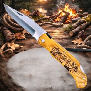 Couteau de poche Pliant manche en Bois d'Olivier Gravé Lièvre (Gravure Prénom Offerte) ref CL01