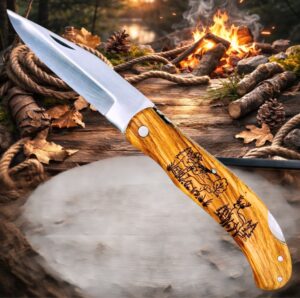 Couteau de poche Pliant manche en Bois d'Olivier Gravé Cerf (Gravure Prénom Offerte) ref CC200