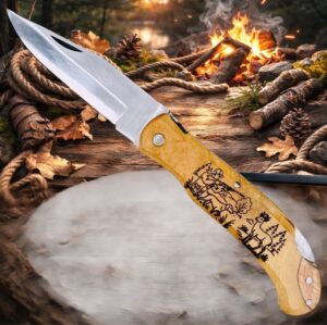 Couteau de poche Pliant manche en Bois d'Olivier Gravé Chevreuil (Gravure Prénom Offerte) ref CC201
