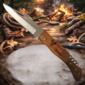 Couteau de poche Pliant manche en Bois d'Olivier Gravé Chevreuil (Gravure Prénom Offerte) ref CNO58