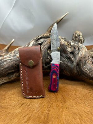 Couteau pliant lame damas 256 couches, manche en Bois de Rose ref RS11