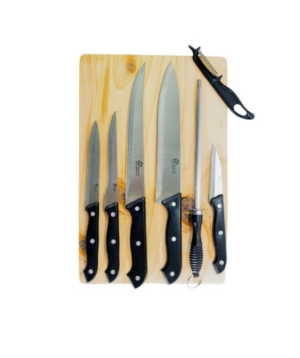 BLISTER 5 COUTEAUX DE CUISINE, 1 EPLUCHEUR, 1 FUSIL AVEC PLANCHE BOIS