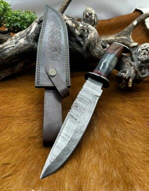 Bowie de chez RITE EDGE lame en acier damas 256 couches manche en corne brune ref B105