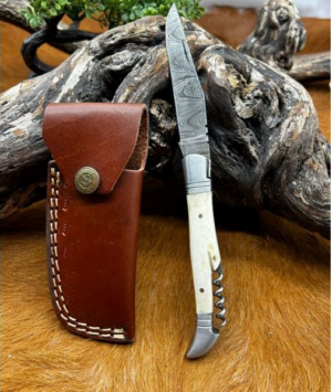 Couteau pliant lame damas 256 couches manche en os de Buffalo avec etui 21cm D589
