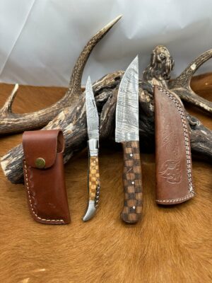 Set de deux Couteaux Damier : Couteau de Chasse + Couteau de poche lame en Acier Damas 256 Couches ref DAM104