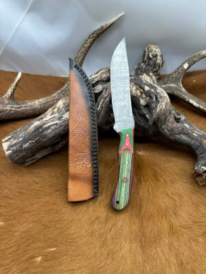 Couteau de chasse lame en acier Damas 256couches, manche en Bois avec étui en cuir ref D350