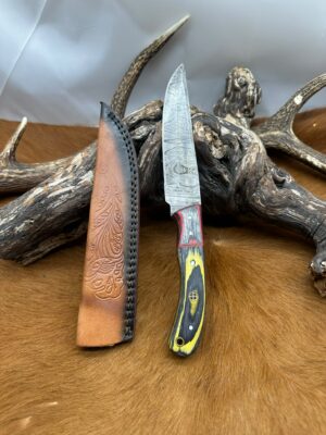 Couteau de chasse lame en acier Damas 256couches, manche en Bois avec étui en cuir ref D354