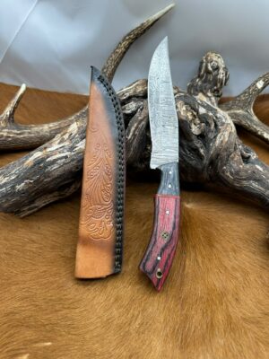 Couteau de chasse lame en acier Damas 256couches, manche en Bois avec étui en cuir ref D360