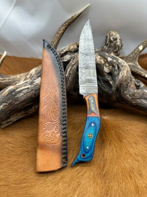 Couteau de chasse lame en acier Damas 256couches, manche en Bois avec étui en cuir ref D363