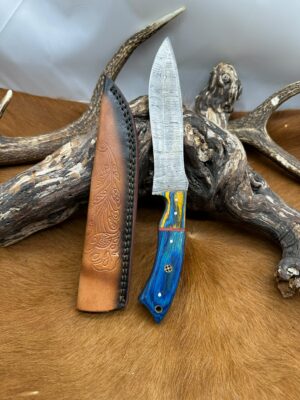 Couteau de chasse lame en acier Damas 256couches, manche en Bois avec étui en cuir ref D365