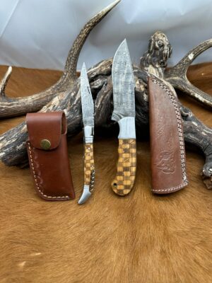 Set de deux Couteaux Damier : Couteau de Chasse + Couteau de poche lame en Acier Damas 256 Couches ref DAM103