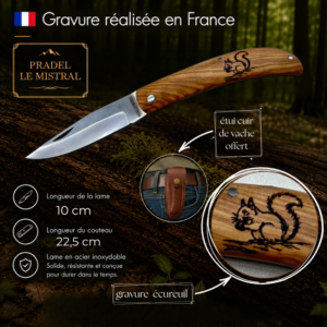 Couteau de poche Pradel le Mistral avec gravure laser écureuil ref 1004écureuil
