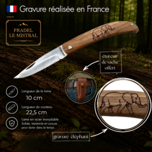Couteau de poche Pradel le Mistral avec gravure laser éléphant ref 1004éléphant