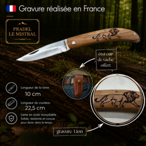 Couteau de poche Pradel le Mistral avec gravure laser LION ref 1004Lion