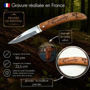 Couteau de poche Pradel le Mistral avec gravure laser AU MEILLEUR PARRAIN ref 1004aumeilleurparrain