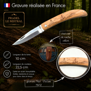 Couteau de poche Pradel le Mistral avec gravure laser mer et océan ref 1004MO2